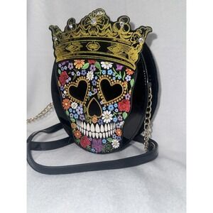 BETSEY JOHNSON KITSCH PAISLEY SUGAR SKULL GOLD CROWN HALLOWEEN CROSSBODY CHAIN